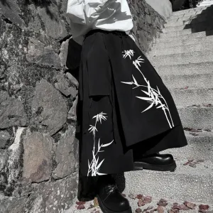 Chinese Style Men's Wide Leg Pants Bamboo Printing Personality Irregular Eighth Pants Strap Design Fahsion 9C5731