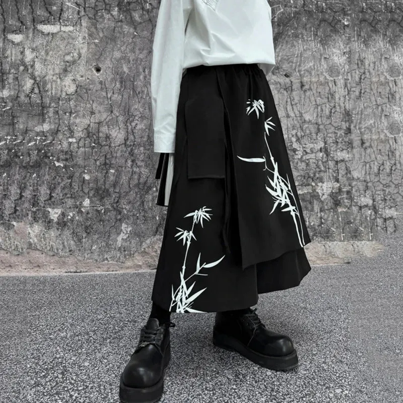 Chinese Style Men's Wide Leg Pants Bamboo Printing Personality Irregular Eighth Pants Strap Design Fahsion 9C5731