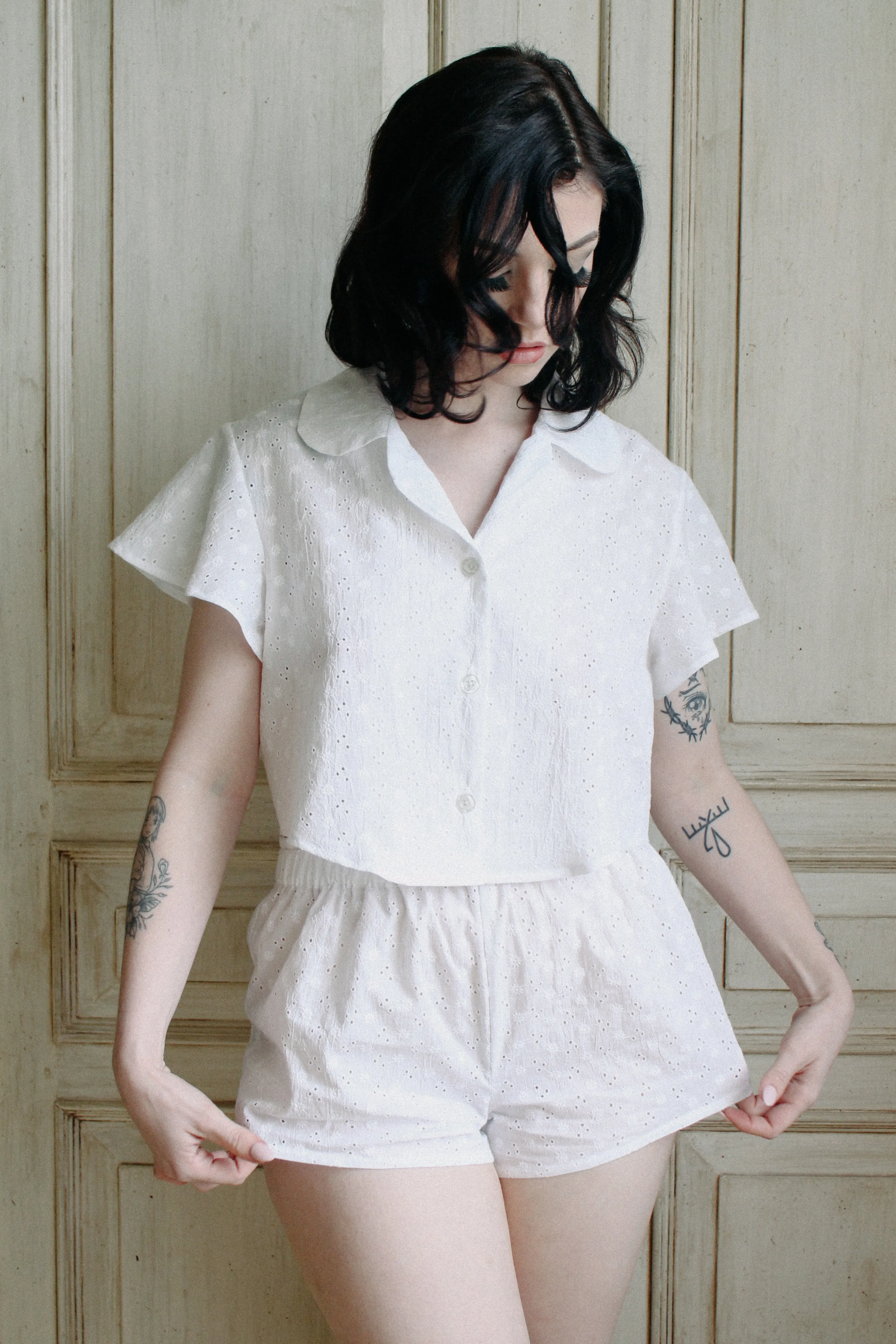 Colette Pyjama Shorts White Broderie Anglaise