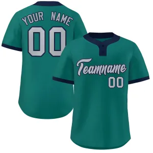 Custom Aqua Gray-Navy Classic Style Authentic Two-Button Baseball Jersey