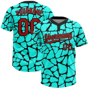 Custom Aqua Red-Black 3D Pattern Two-Button Unisex Softball Jersey