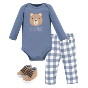 Hudson Baby Cotton Bodysuit, Pant and Shoe Set, Little Bear