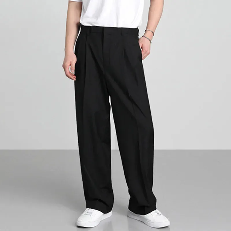 Korean Style Men's Suit Pants Droop Business Casual Straight Wide Leg Zippers Solid Color Male Trousers Summer 9C6576