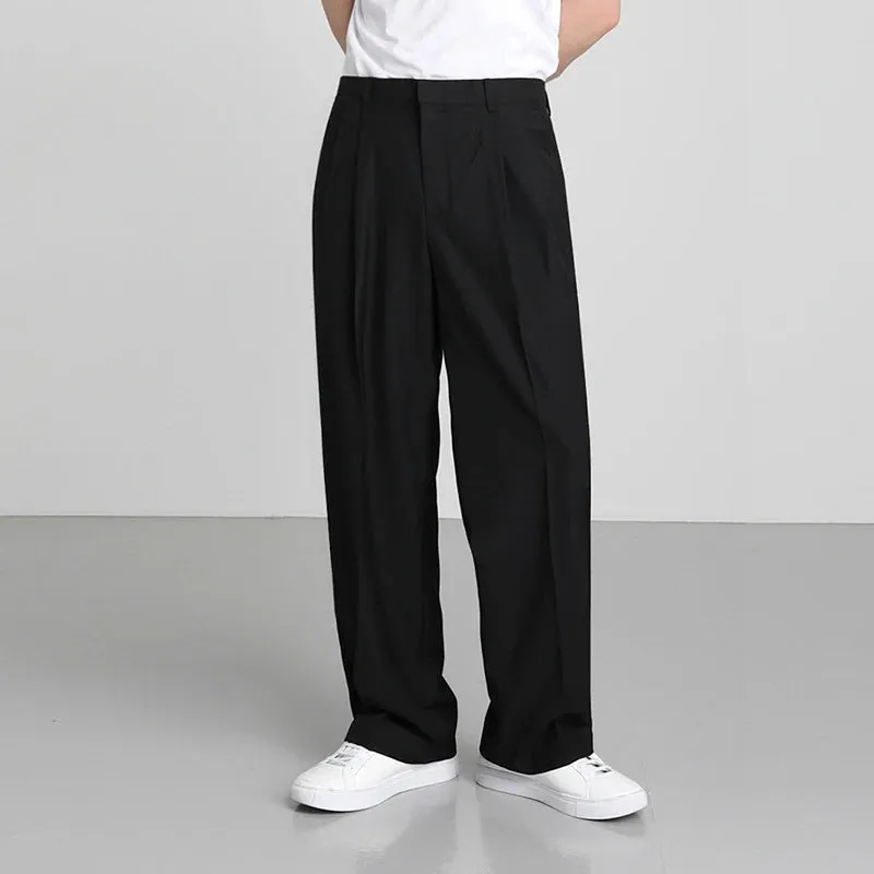 Korean Style Men's Suit Pants Droop Business Casual Straight Wide Leg Zippers Solid Color Male Trousers Summer 9C6576