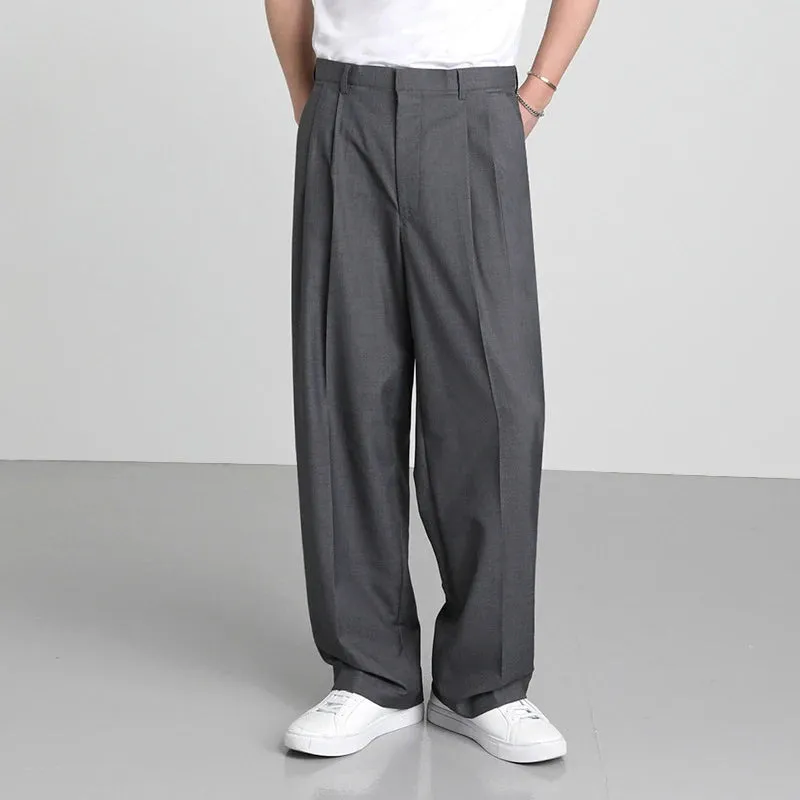 Korean Style Men's Suit Pants Droop Business Casual Straight Wide Leg Zippers Solid Color Male Trousers Summer 9C6576