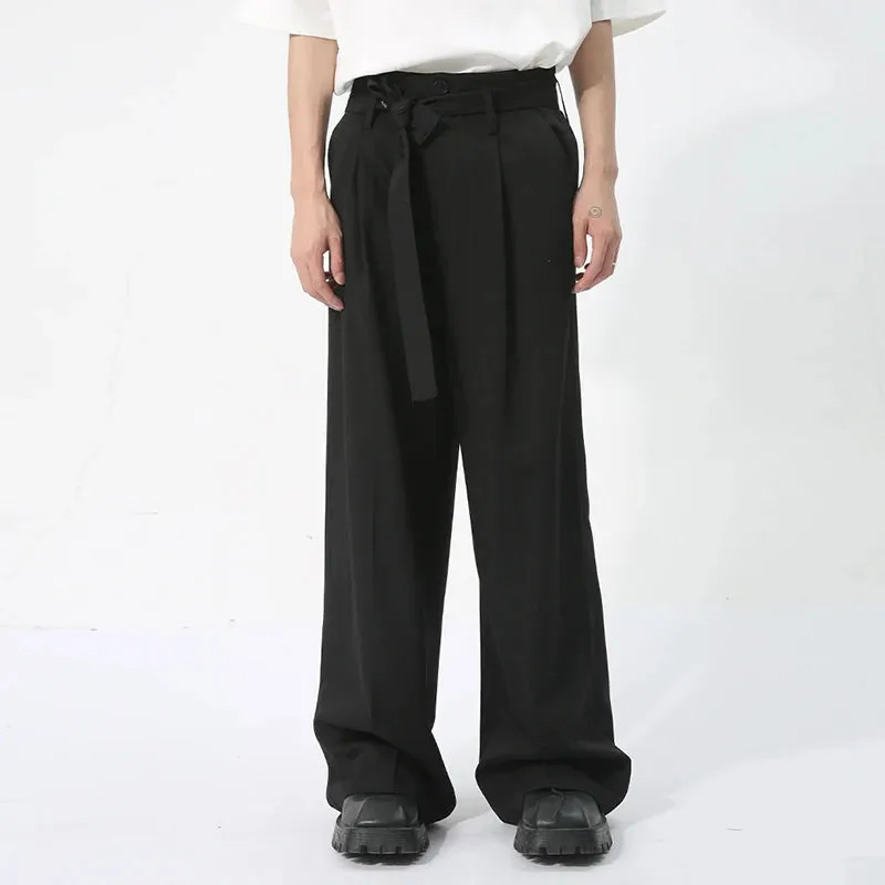 Men's Casual Trousers Japanese Style Ribbon Decoration Three-dimensional Design Loose Solid Color Male Drape Pants 9C5736