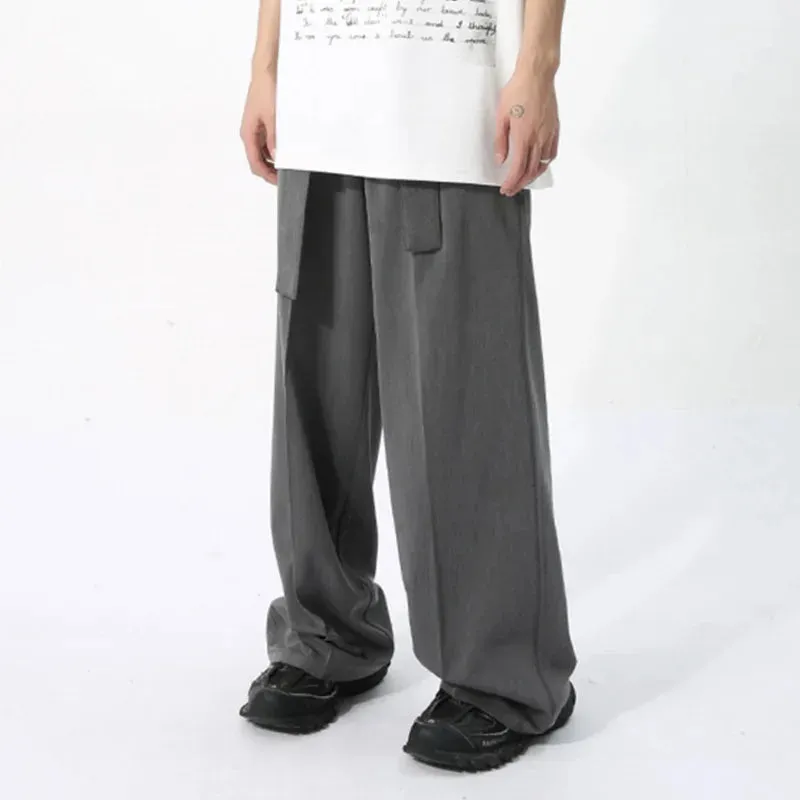 Men's Casual Trousers Japanese Style Ribbon Decoration Three-dimensional Design Loose Solid Color Male Drape Pants 9C5736