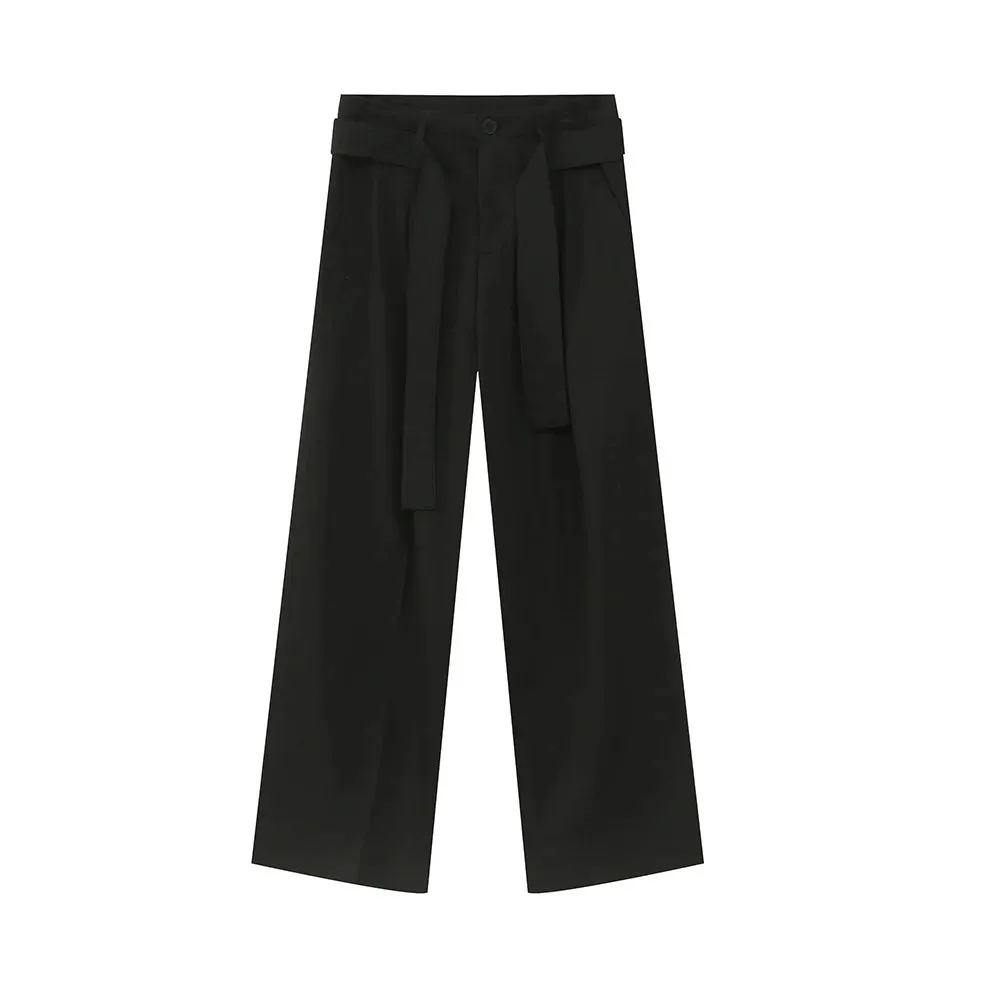 Men's Casual Trousers Japanese Style Ribbon Decoration Three-dimensional Design Loose Solid Color Male Drape Pants 9C5736