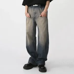 Men's Wear Spring Vintage Male Washed Jeans High Waist Front Pocket Loose Straight Wide Leg Pants Fashion 9A7457