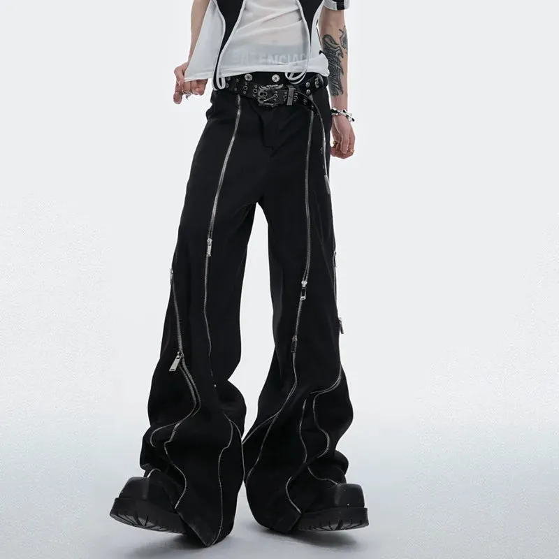 Metal Zipper Design Pants Casual 2024 High Street Darkwear Wide Leg Male Trousers Solid Color Fashion Summer 24E1287