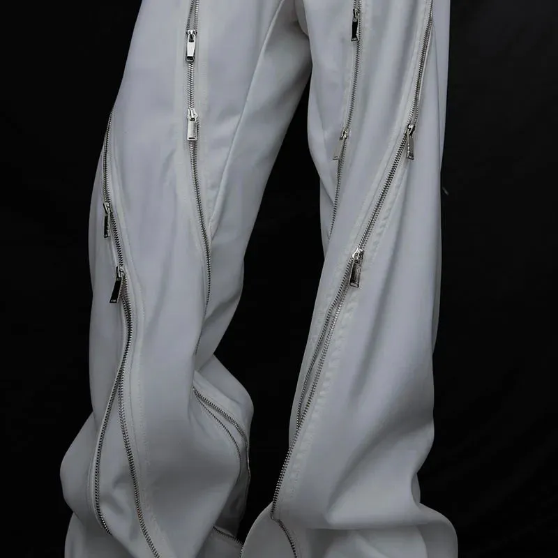 Metal Zipper Design Pants Casual 2024 High Street Darkwear Wide Leg Male Trousers Solid Color Fashion Summer 24E1287