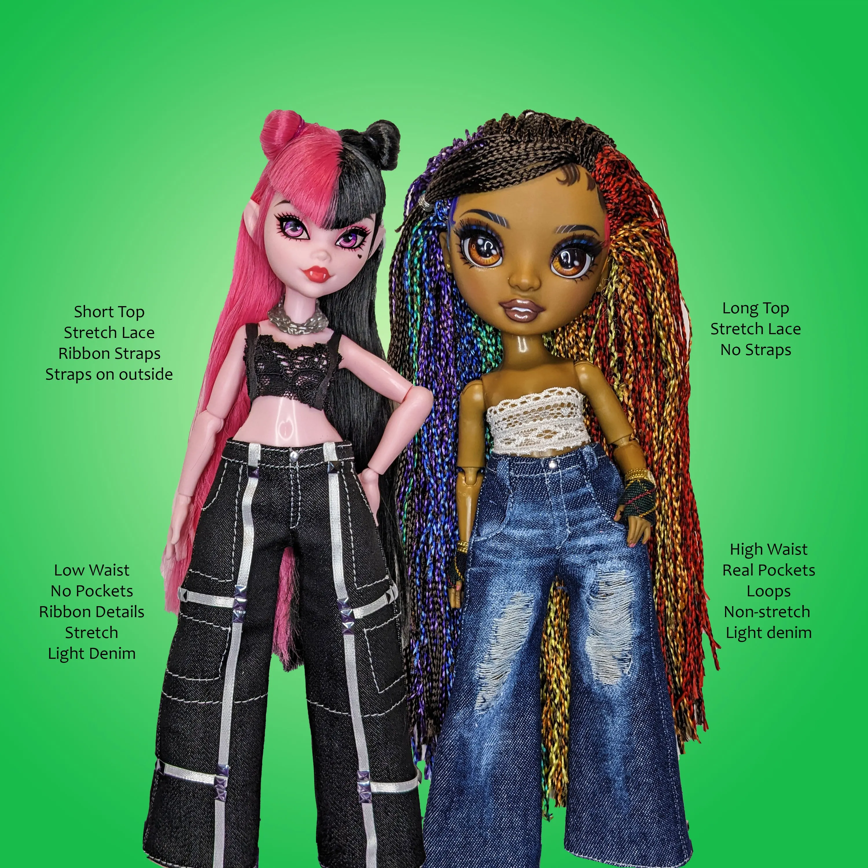 PC Rave! 10" Curvy Fashion Doll - Crop top camisole and wide leg flare jeans or pants - Downloadable RAD Doll Clothes PDF Sewing Pattern