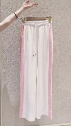 Pink Striped High-Waisted Wide Leg Loose Casual Pants