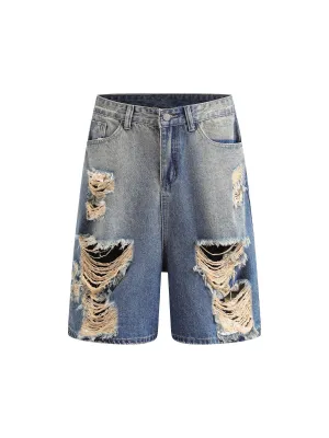 Thesupermade Hip-hop Ripped Washed Denim Jorts