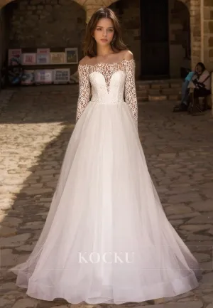 Tube Top Long Sleeves A-Line Sweep Train Pleated Lace Wedding Dress with Appliques Bridal Gowns