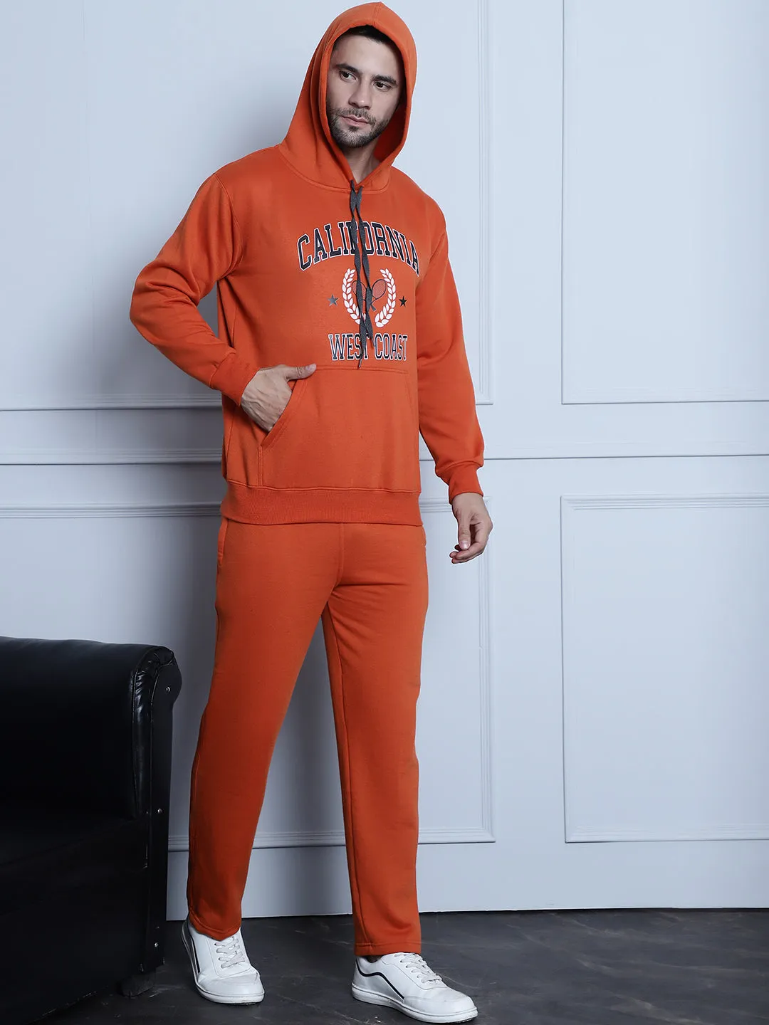 Vimal Jonney Rust Printed Hooded Cotton Fleece Tracksuit for Men