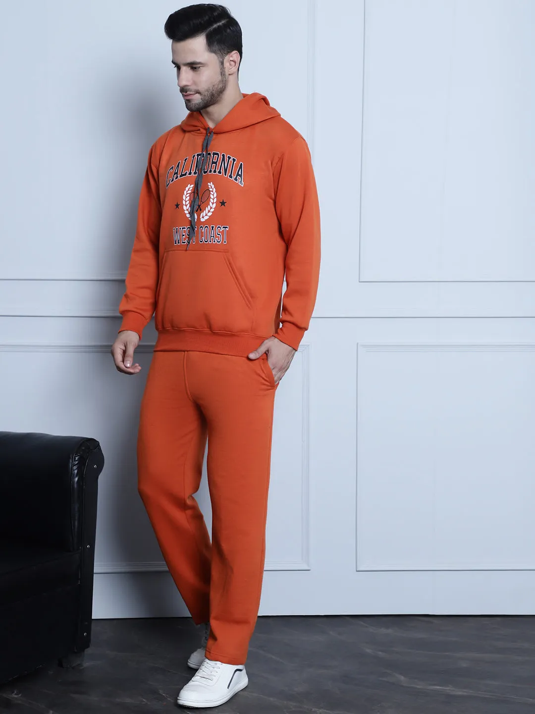 Vimal Jonney Rust Printed Hooded Cotton Fleece Tracksuit for Men