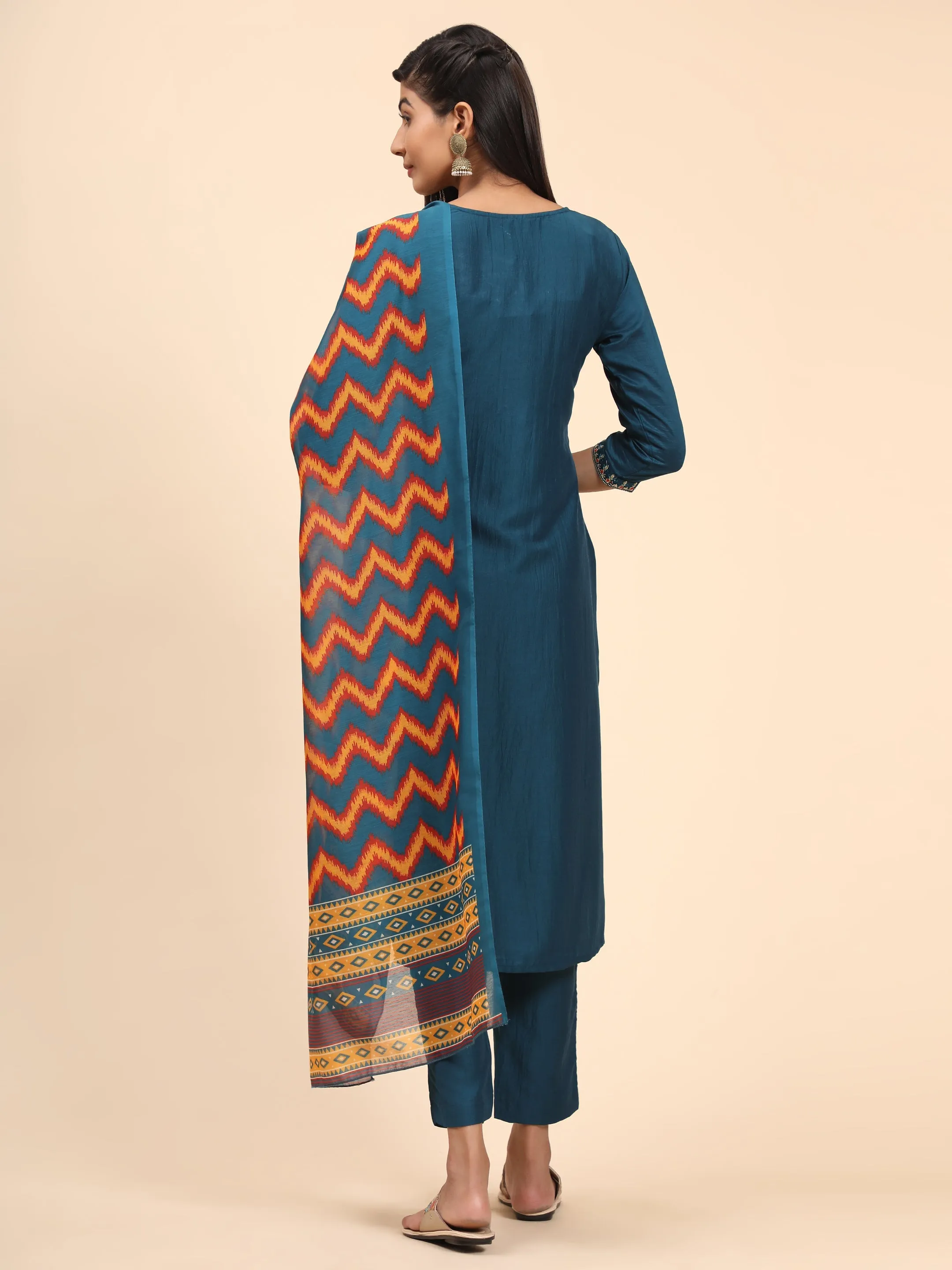 Women'S Embroidered Straight Chinon Blue Stitched Kurta Pant With Dupatta