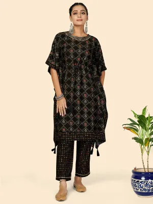 Women'S Foil Print  Muslin Black Stitched Kaftan Kurta With Pant Set