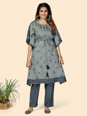 Women'S Printed & Gota Patti Work  Muslin Grey Stitched Kaftan Kurta With Pant