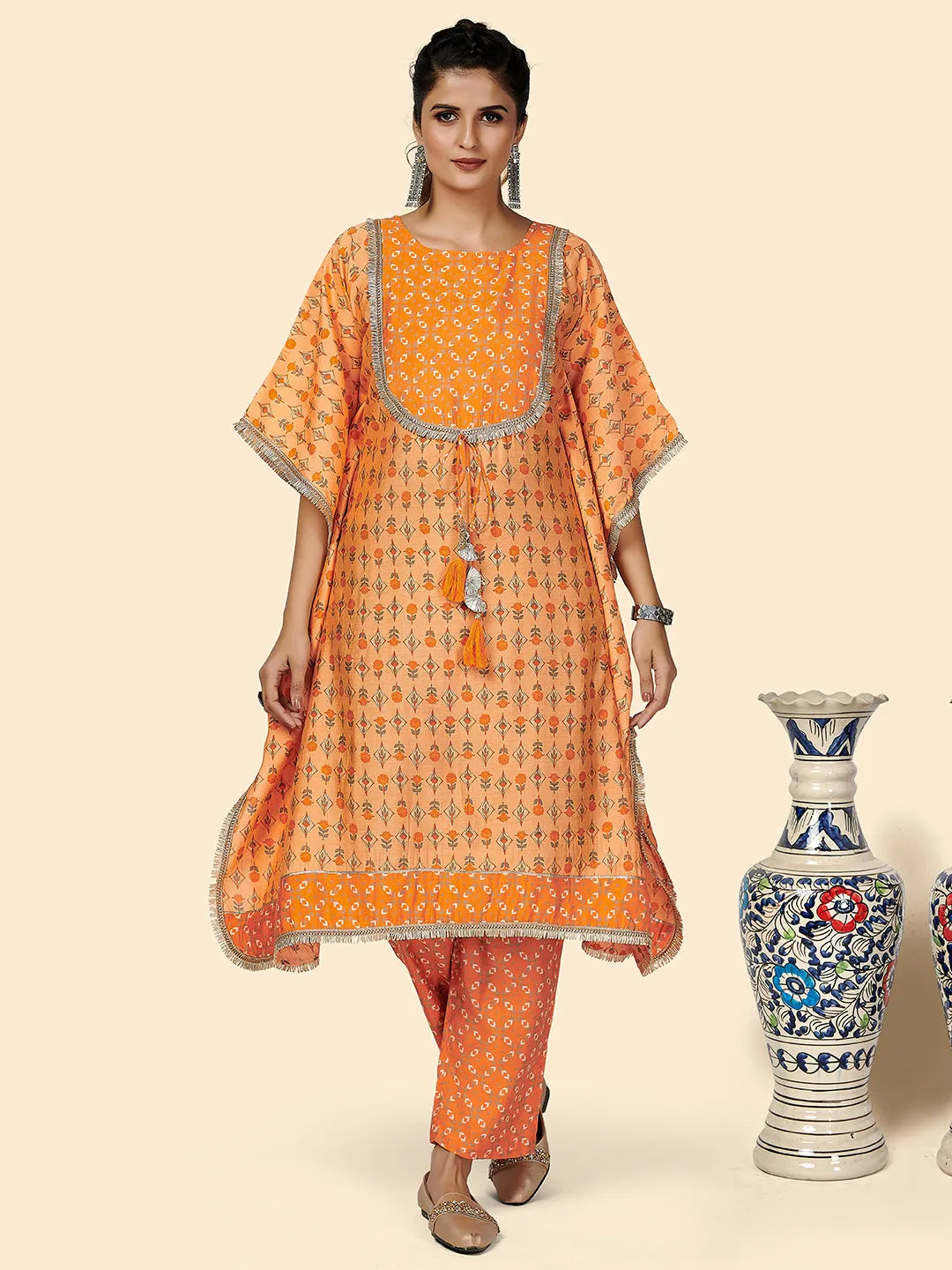 Women'S Printed & Gota Patti Work  Muslin Orange Stitched Kaftan Kurta With Pant