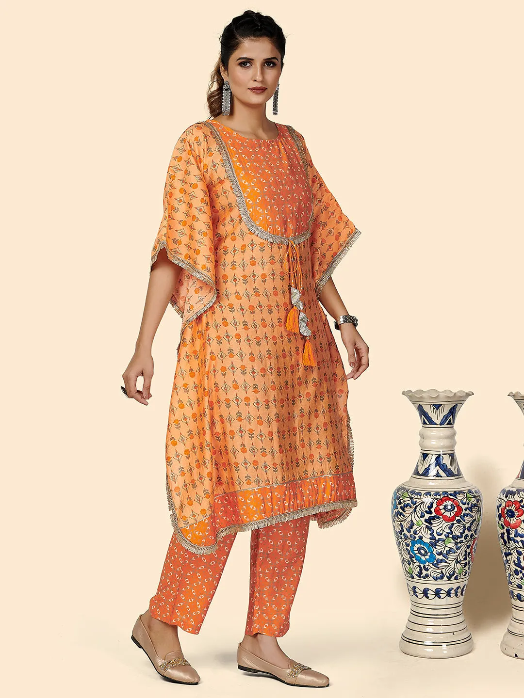 Women'S Printed & Gota Patti Work  Muslin Orange Stitched Kaftan Kurta With Pant