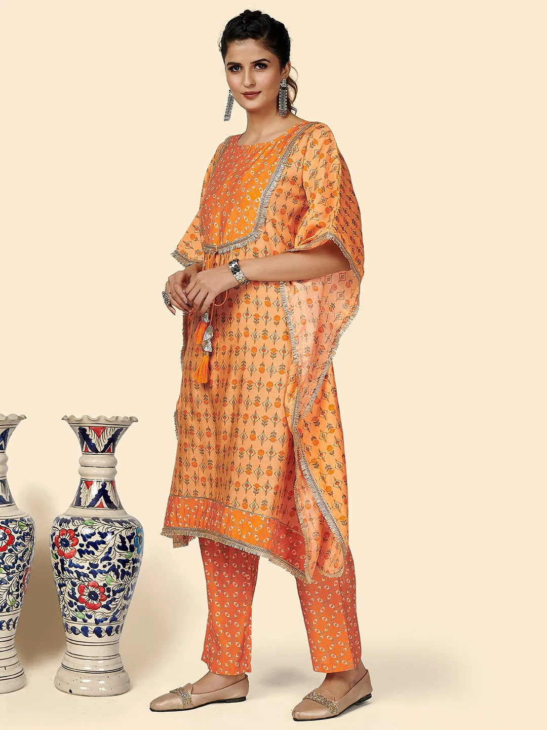 Women'S Printed & Gota Patti Work  Muslin Orange Stitched Kaftan Kurta With Pant