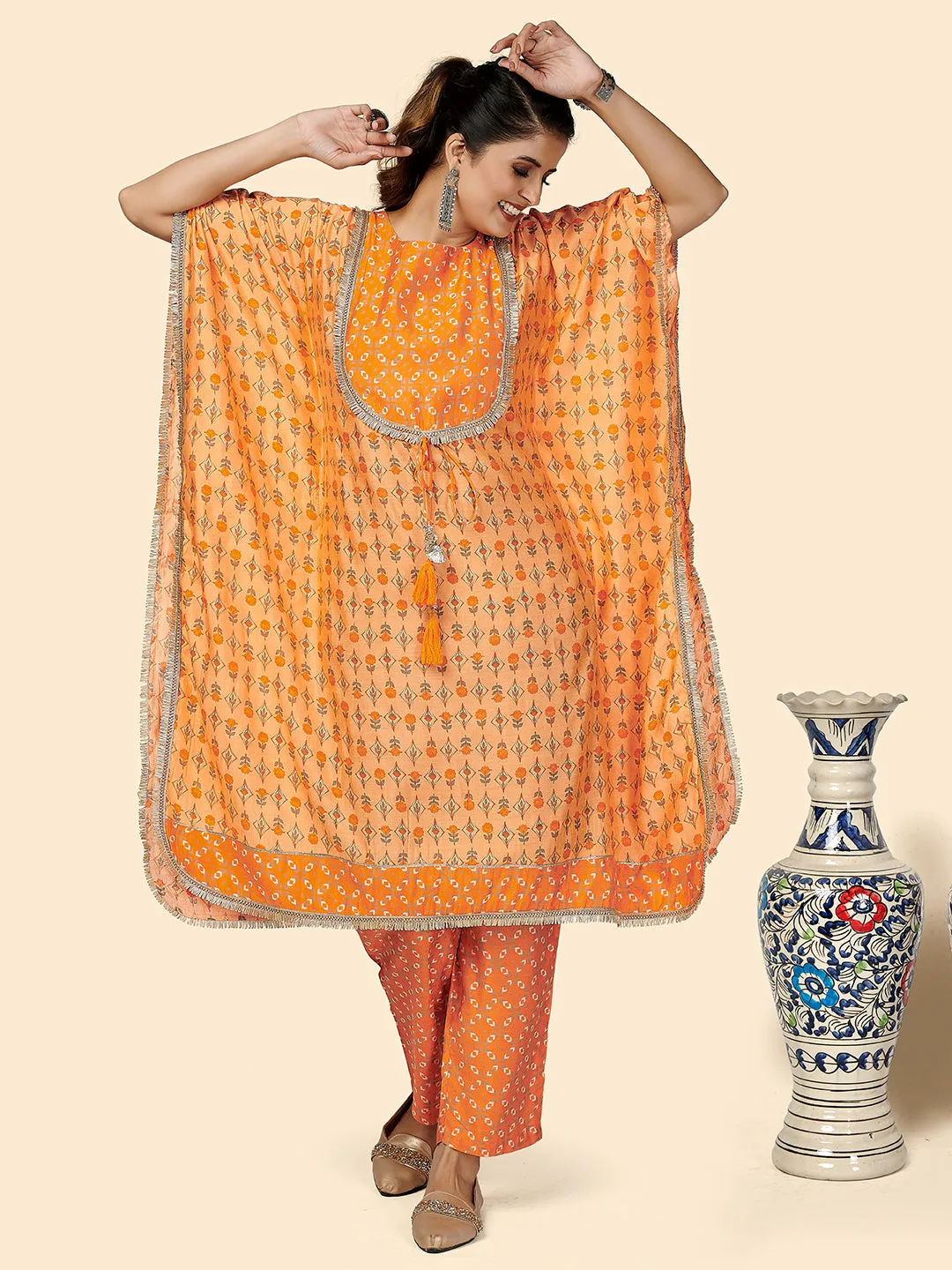 Women'S Printed & Gota Patti Work  Muslin Orange Stitched Kaftan Kurta With Pant