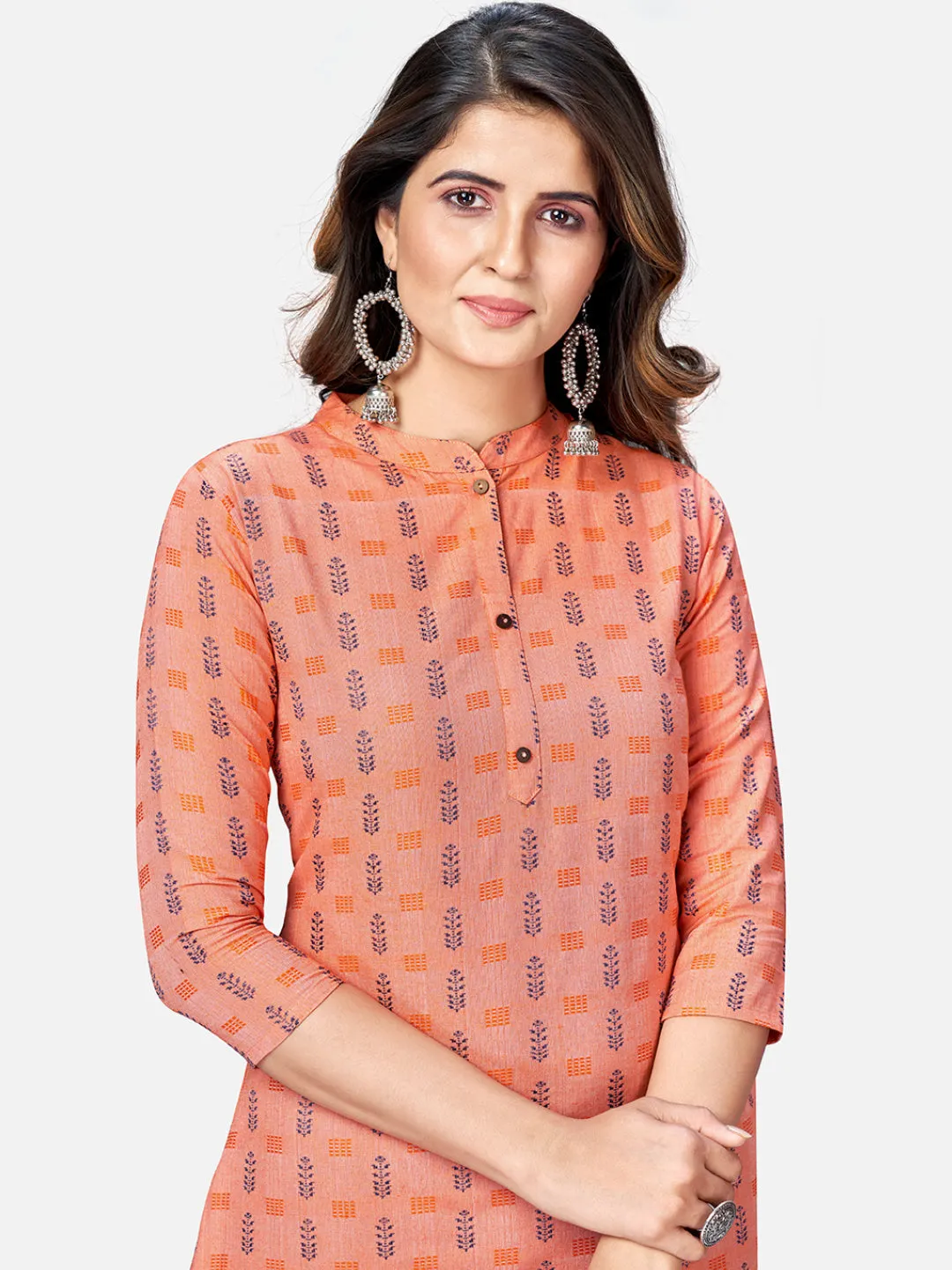 Women'S Printed Straight Cotton Peach Kurta Pant With Dupatta (3Pcs Set)