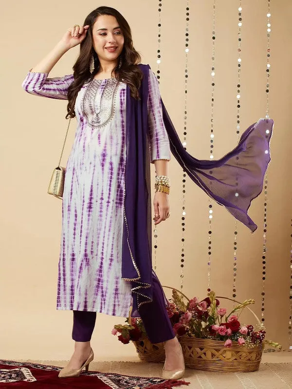 Womens Purple Viscose Cotton Leheriya Printed & Embroidery Kurta Pant Set With Dupatta