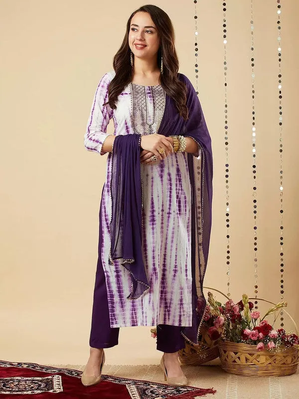 Womens Purple Viscose Cotton Leheriya Printed & Embroidery Kurta Pant Set With Dupatta