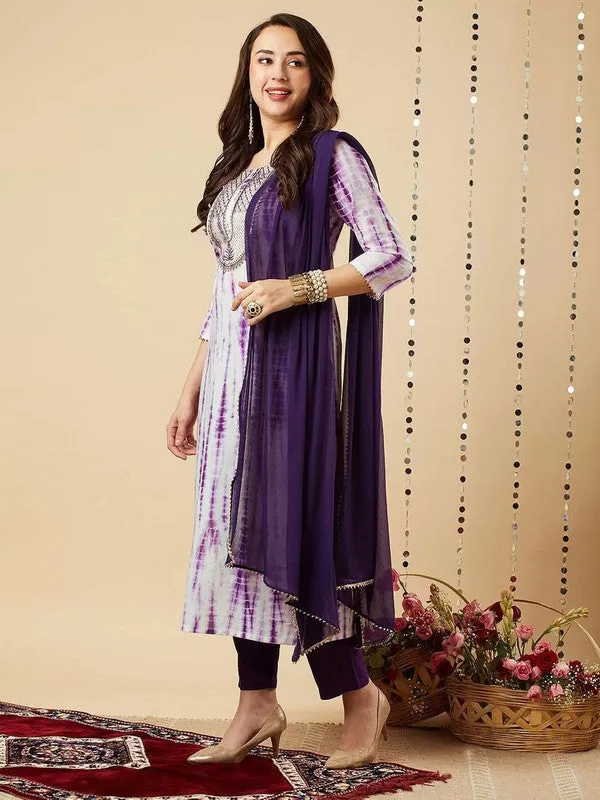 Womens Purple Viscose Cotton Leheriya Printed & Embroidery Kurta Pant Set With Dupatta