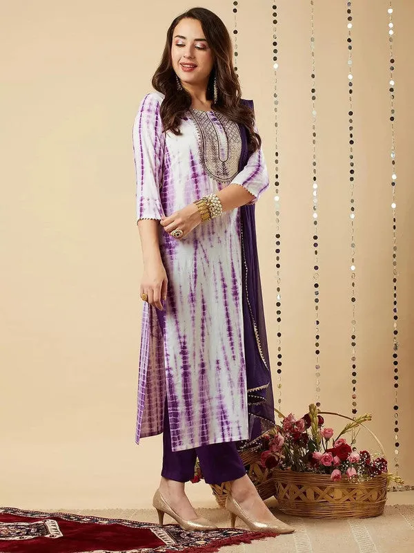 Womens Purple Viscose Cotton Leheriya Printed & Embroidery Kurta Pant Set With Dupatta