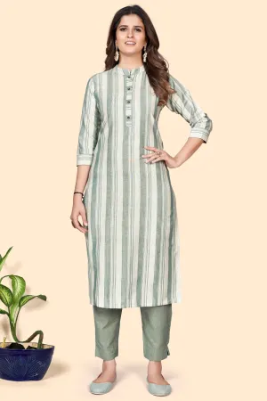 Women'S Striped Print Straight Cotton Blend Pista  Stitched Kurta With Pant